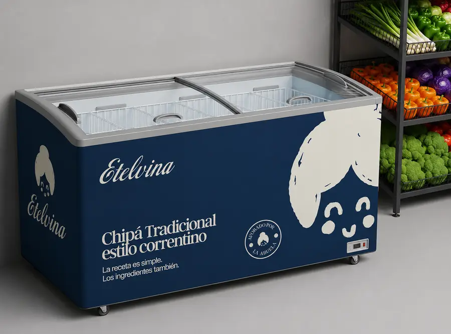 Freezer exhibidor ploteado con la marca Etelvina en un comercio